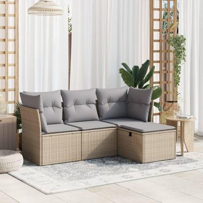 4-delige Loungeset met kussens poly rattan gemengd beige