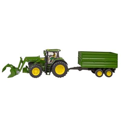 John Deere 7R 350 met voorlader en trailer van Bruder - thumbnail