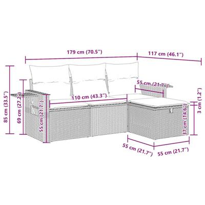 4-delige Loungeset met kussens poly rattan bruin
