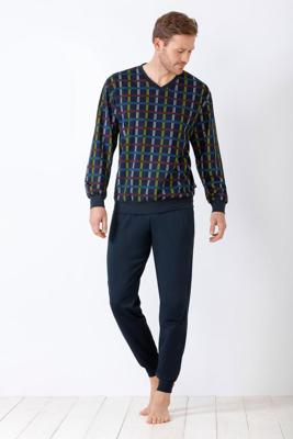 Blauwe heren pyjama met kleurrijk blokmotief Blauwe heren pyjama met kleurrijk blokmotief