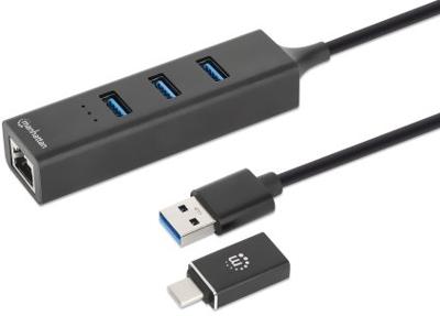 Manhattan USB-C & USB-A Combo Dock/Hub, Ports (4): Ethernet and USB-A, W128808129 (Ports (4): Ethernet and USB-A (x3), 5 Gbps (USB 3.2 Gen1 aka USB 3.0), External Power Supply Not Needed,)