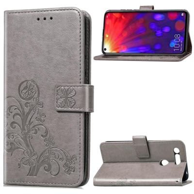 Lucky Clover ingedrukt bloemen patroon lederen draagtas voor Huawei V20 met houder & kaartsleuven & portemonnee & hand strap (grijs)