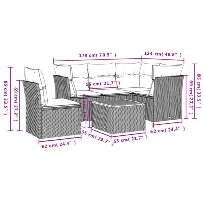 6-delige Loungeset met kussens poly rattan grijs