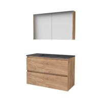 Basic-Line Comfort 46 Badkamermeubelset - 100 x 46 cm - Greeploos - 2 Lades - Hardstenen Wastafel - 1 Kraangat - Spiegelkast - Whisky Oak - thumbnail