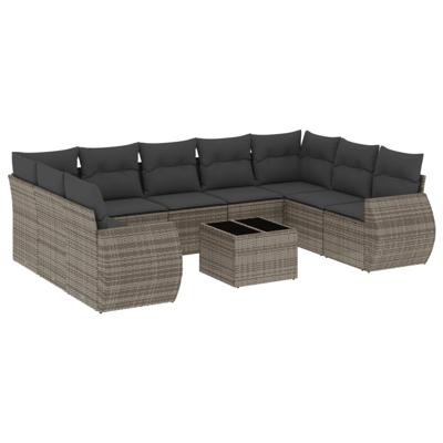 9-delige Loungeset met kussens poly rattan grijs - thumbnail
