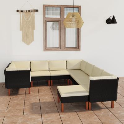 9-delige Loungeset met kussens poly rattan zwart