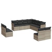 11-delige Loungeset met kussens poly rattan lichtgrijs - thumbnail
