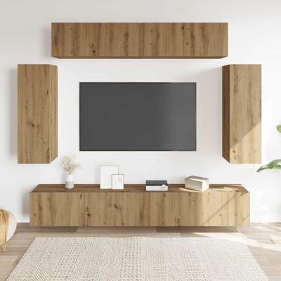 6-delig Tv-meubelset wandmontage bewerkt hout artisanaal eiken - thumbnail