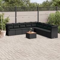 10-delige Loungeset met kussens poly rattan zwart - thumbnail