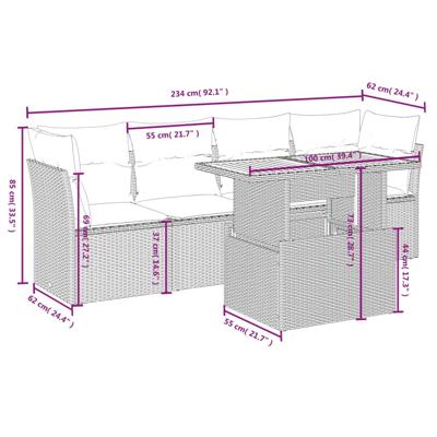 5-delige Loungeset met kussens poly rattan zwart - thumbnail