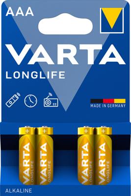 VARTA Longlife AAA Micro LR03 Batterij (verpakking met 4 stuks) Alkaline Batterijen – Made in Germany – ideaal voor afstandsbediening radio wekker en klok