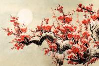 Schilderij - Pruimenbloesem, rood, geel , 2 maten , Premium print, Wanddecoratie, Eyecatcher aan de muur - thumbnail