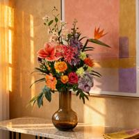 Handgebonden kunstboeket Tess Seattle - Oranje/Paars - thumbnail