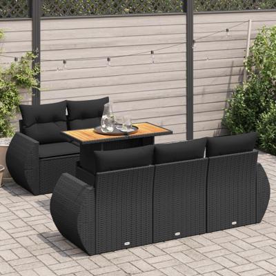 6-delige Loungeset met kussens poly rattan zwart