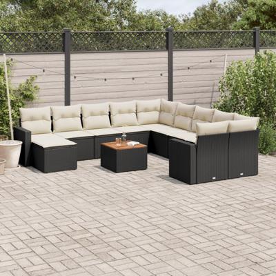 12-delige Loungeset met kussens poly rattan zwart