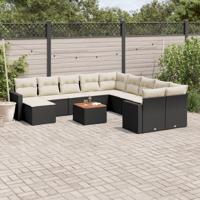 12-delige Loungeset met kussens poly rattan zwart - thumbnail
