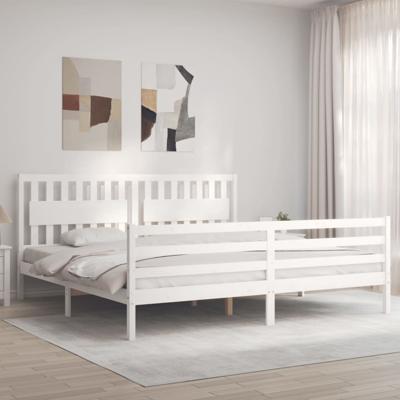Bedframe met hoofdbord massief hout wit - thumbnail