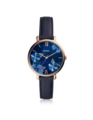Fossil Jacqueline Dameshorloge met florale wijzerplaat in marineblauw leer ES4673 Fossil Jacqueline Dameshorloge met florale wijzerplaat in marineblauw leer ES4673