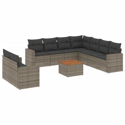 10-delige Loungeset met kussens poly rattan grijs