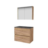Basic-Line Comfort 46 Badkamermeubelset - 80 x 46 cm - Greeploos - 2 Lades - Hardstenen Wastafel - Zonder Kraangat - Spiegelkast - Whisky Oak - thumbnail