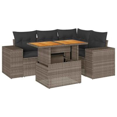 5-delige Loungeset met kussens poly rattan grijs