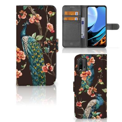 Xiaomi Redmi 9T | Poco M3 | Telefoonhoesje | Met pasjeshouder | Pauw met Bloemen