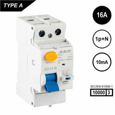 SEP RCD1 Type A aardlekschakelaar 2p 16A 10mA 36mm 10kA SEP RCD1 Type A aardlekschakelaar 2p 16A 10mA 36mm 10kA