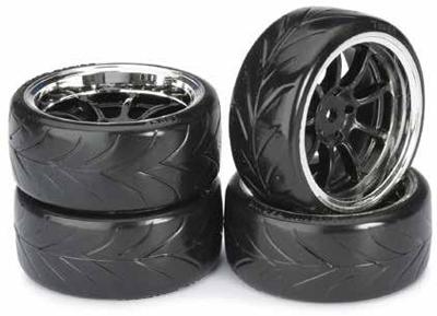 Absima drift banden op 9-spaaks velgen / Type A - Zwart/Chrome Absima drift banden op 9-spaaks velgen / Type A - Zwart/Chrome