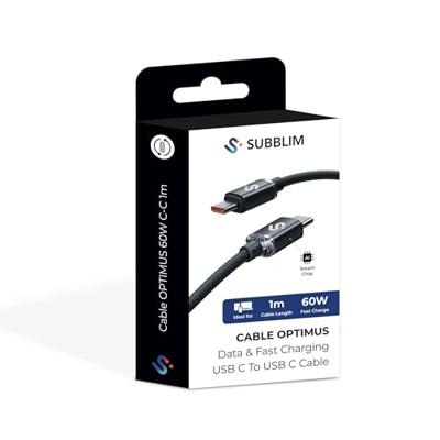 SUBBLIM Optimus, USB-C naar USB-C kabel, 60 W, 1 m, zwart, gevlochten nylon