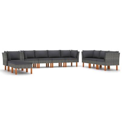 10-delige Loungeset met kussens poly rattan grijs