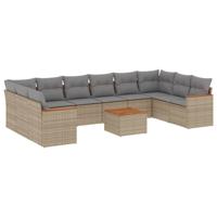 10-delige Loungeset met kussens poly rattan beige - thumbnail