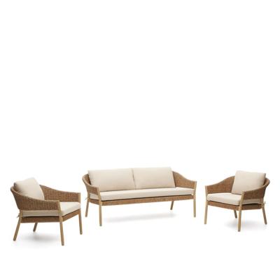 Kave Home Loungeset 'Pola' Eucalyptushout en rattan, Met 2-zits Bank en 2 fauteuils