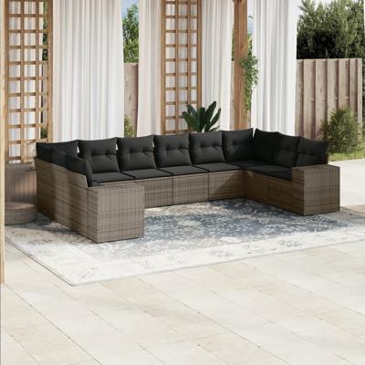 11-delige Loungeset met kussens poly rattan grijs