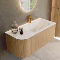 Mondiaz KURVE-DLUX 105 cm Onderkast Greeploos 1 Lade Met Deuren Oak, Wastafel Solid Surface Rechts Frappe 1 Kraangat Zonder Spiegel (KRVBGS105L1L1D1KR-Oak/Fra) - thumbnail