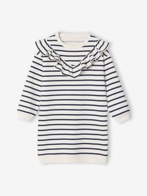 Jurk van sweaterstof met ruches voor meisjes ecru