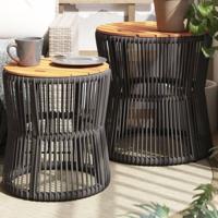 Tuinbijzettafels 2 st met houten blad poly rattan grijs - thumbnail