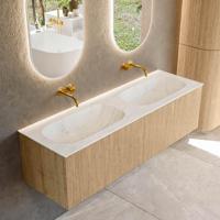 Mondiaz KURVE-DLUX 150 cm Onderkast Greeploos 2 Lades Zonder Deuren Oak, Wastafel Solid Surface Dubbel Opalo 0 Kraangaten Zonder Spiegel (KRVSTS1502L0D0KD-Oak/Opa) - thumbnail