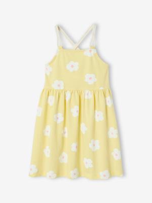 Jurkje met koordjes en bloemenprint voor meisjes lichtgeel Jurkje met koordjes en bloemenprint voor meisjes lichtgeel