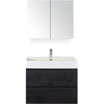 Maxx XL Badmeubelset 80 cm - Black Oak - Wastafel Kube 1 Kraangat met Spiegelkast