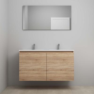 On-Line Badkamermeubelset - 120 cm - Voorgemonteerd - Greeploos 2 Deuren - Acryl Wastafel - 2 Kraangaten - Spiegel - Eiken
