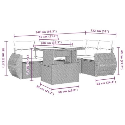 6-delige Loungeset met kussens poly rattan bruin