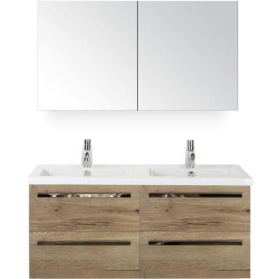 Seville Badmeubelset 120 cm - 4 Laden Natuur Eiken - Wastafel Djazz Dubbel met Spiegelkast