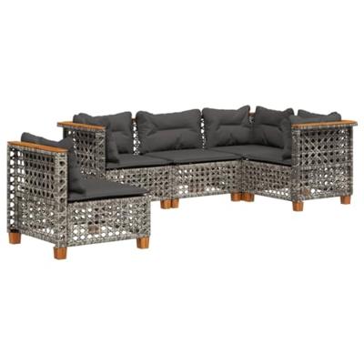 5-delige Loungeset met kussens poly rattan grijs