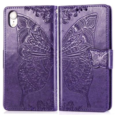Butterfly Love bloemen reliëf horizontale Flip lederen case voor iPhone XR met houder & kaartsleuven & portemonnee & Lanyard (donker paars)