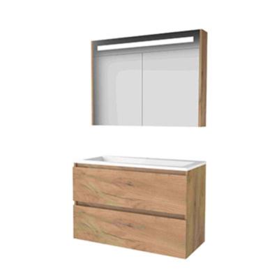 Basic-Line Premium 46 Badkamermeubelset - 100 x 46 cm - Greeploos - 2 Lades - Acryl Wastafel - 1 Kraangat - Spiegelkast met LED Verlichting - Whisky Oak