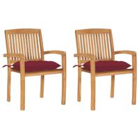 Tuinstoelen 2 st met wijnrode kussens massief teakhout - thumbnail