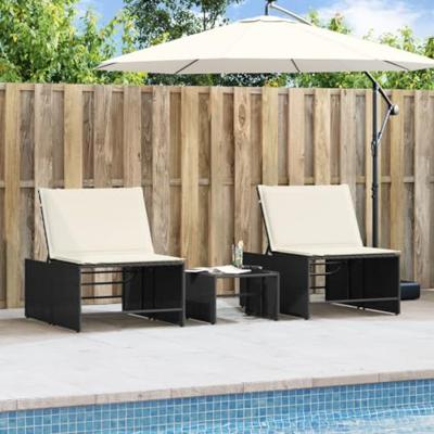 Ligbedden 2 st met tafel poly rattan zwart - thumbnail