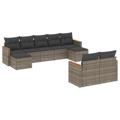 10-delige Loungeset met kussens poly rattan grijs
