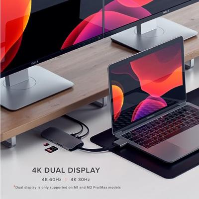 Satechi Type-C Dual Multimedia Adapter met Dubbele 4K HDMI, USB-C PD, Gigabit Ethernet, Micro/SD-kaartlezers, USB 3.0 - Voor M2/ M1 MacBook Pro/Max (Ruimte Grijs)