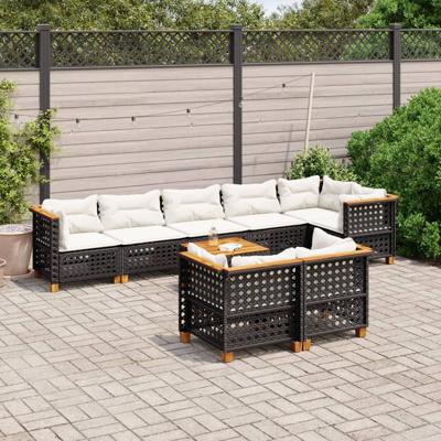 8-delige Loungeset met kussens poly rattan zwart